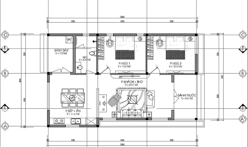 4 bản vẽ cho thiết kế nhà cấp 4 50m2 hai phòng ngủ