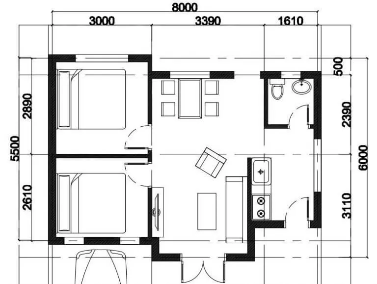 4 bản vẽ cho thiết kế nhà cấp 4 50m2 hai phòng ngủ